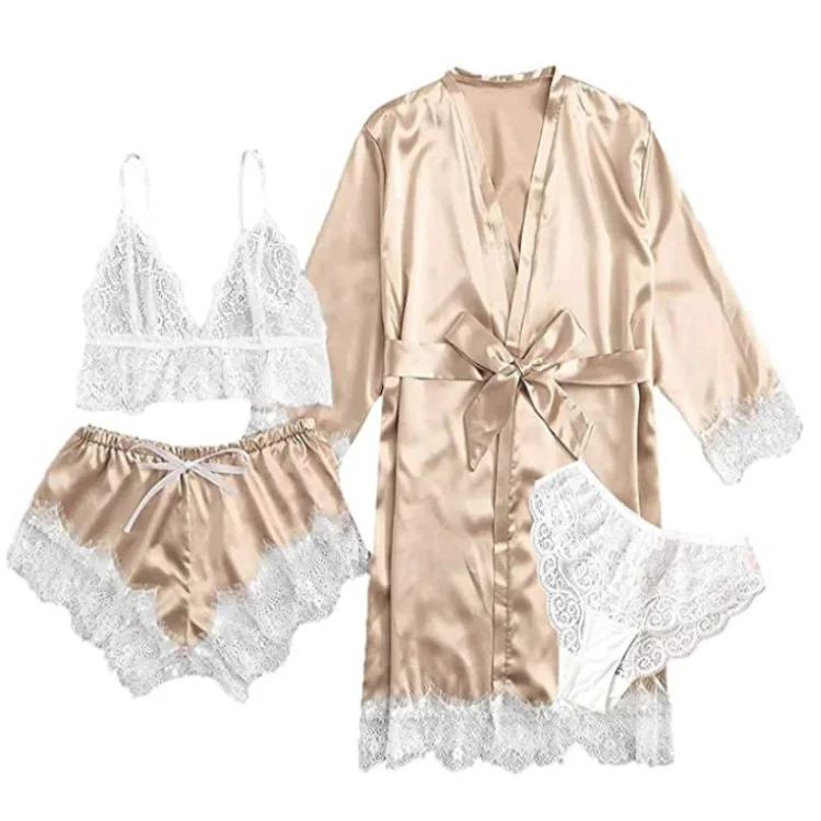 Women\' Silk Satin Pajamas Set 4pcs Lingerie Lace Sleepwear With Robe Nightgown Long Sexy night-robe V-neck Nightdress Suit