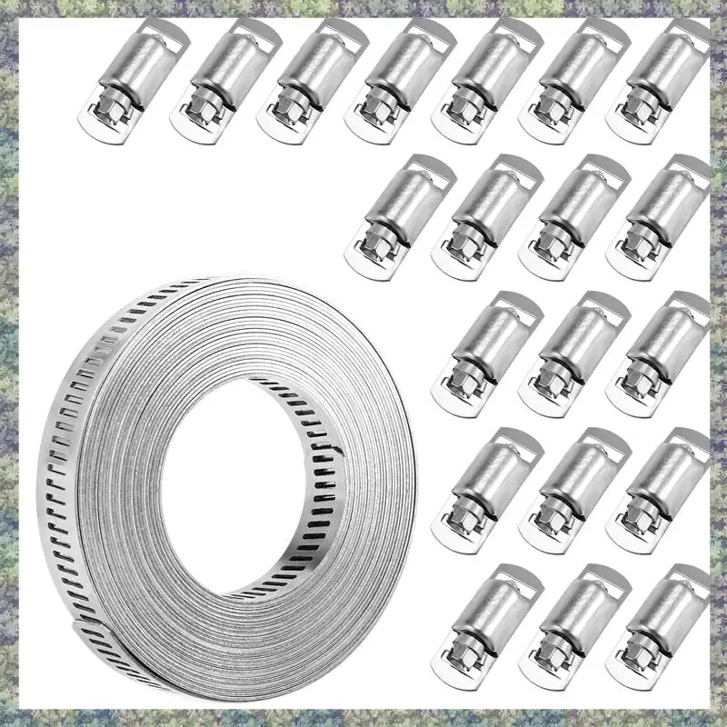 WON Slangklemmen 20FT Metalen Band + 20 Bevestigingsmiddelen DIY Cut-To-Fit Roestvrij Stalen Bandklemmen Verstelbare Grote Worm Duurzaam