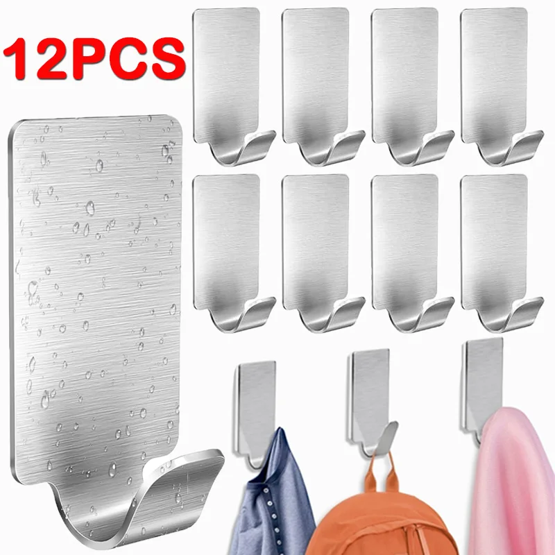 6/12pcs Adhesive Stainless Steel Towel Hooks Family Robe Hanging Hooks Hats Bag Family Robe Hats Bag Key Adhesive Wall Hanger