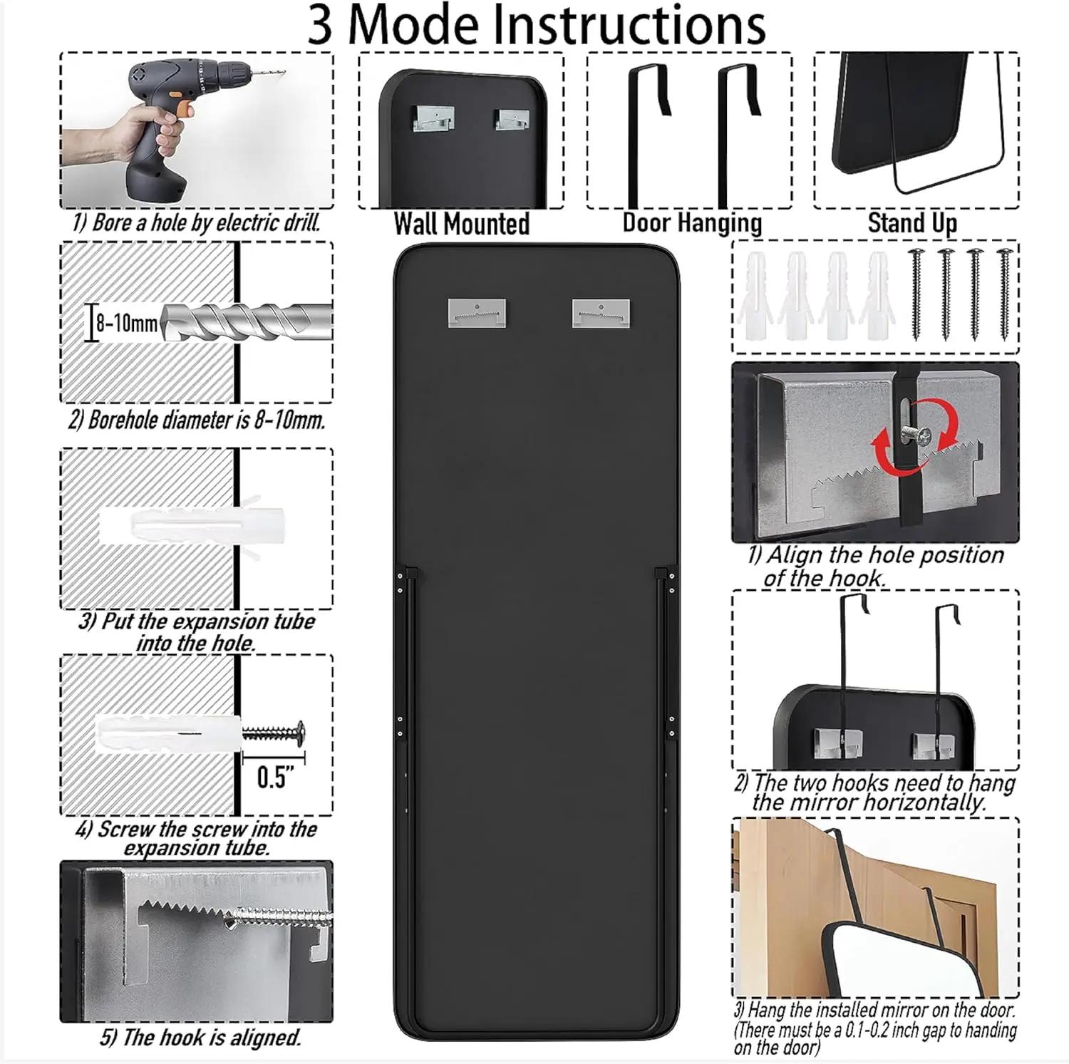 57 x 20 Zoll Ganzkörperspiegel mit Ständer, wandmontierter Metallrahmen für Schlafzimmer, Wohnzimmer, Schwarz