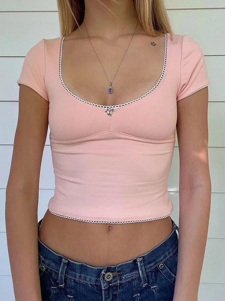 Camisetas de manga corta para mujer, camisas informales con cuello redondo y ribete de encaje, camisetas ajustadas de verano, ropa de calle