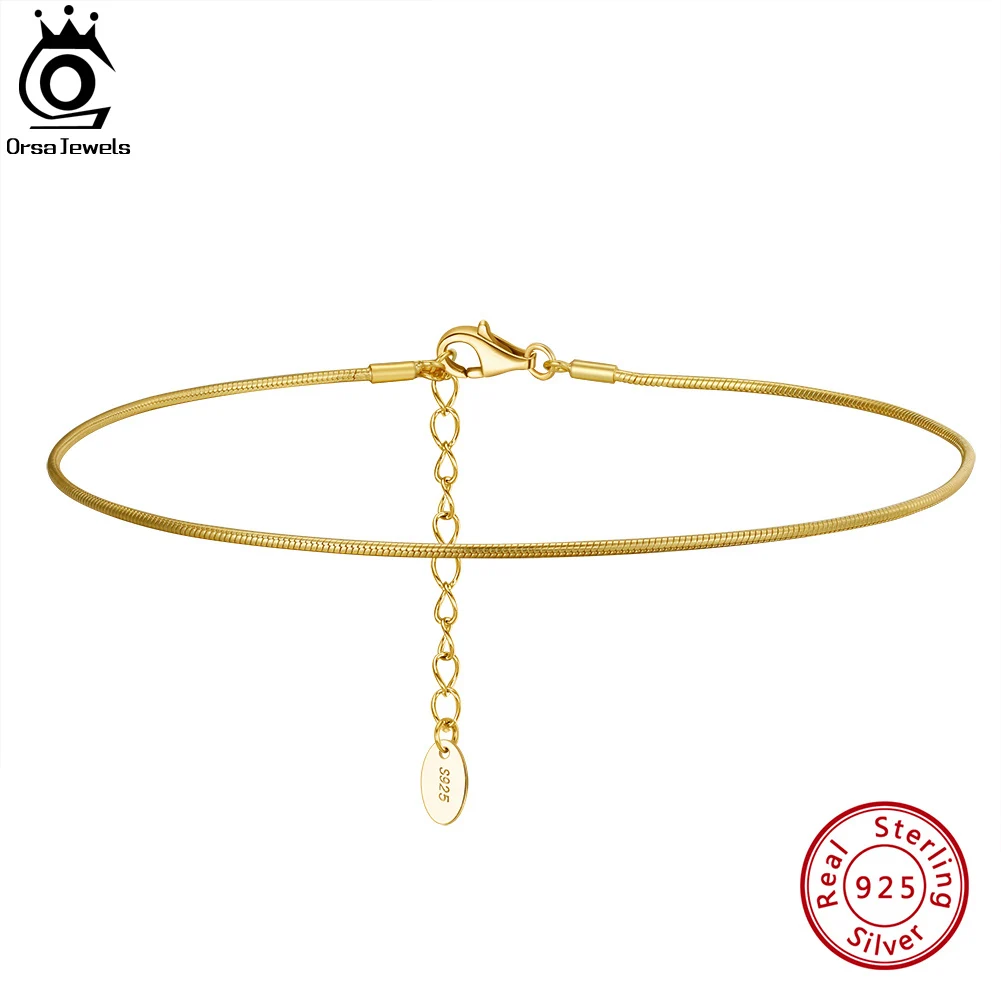 

ORSA JEWELS 925 Sterling Silver 1mm Round Snake Chain Anklet 14K Gold Plated Simple Ankle Jewelry for Women Birthday Gift SA23