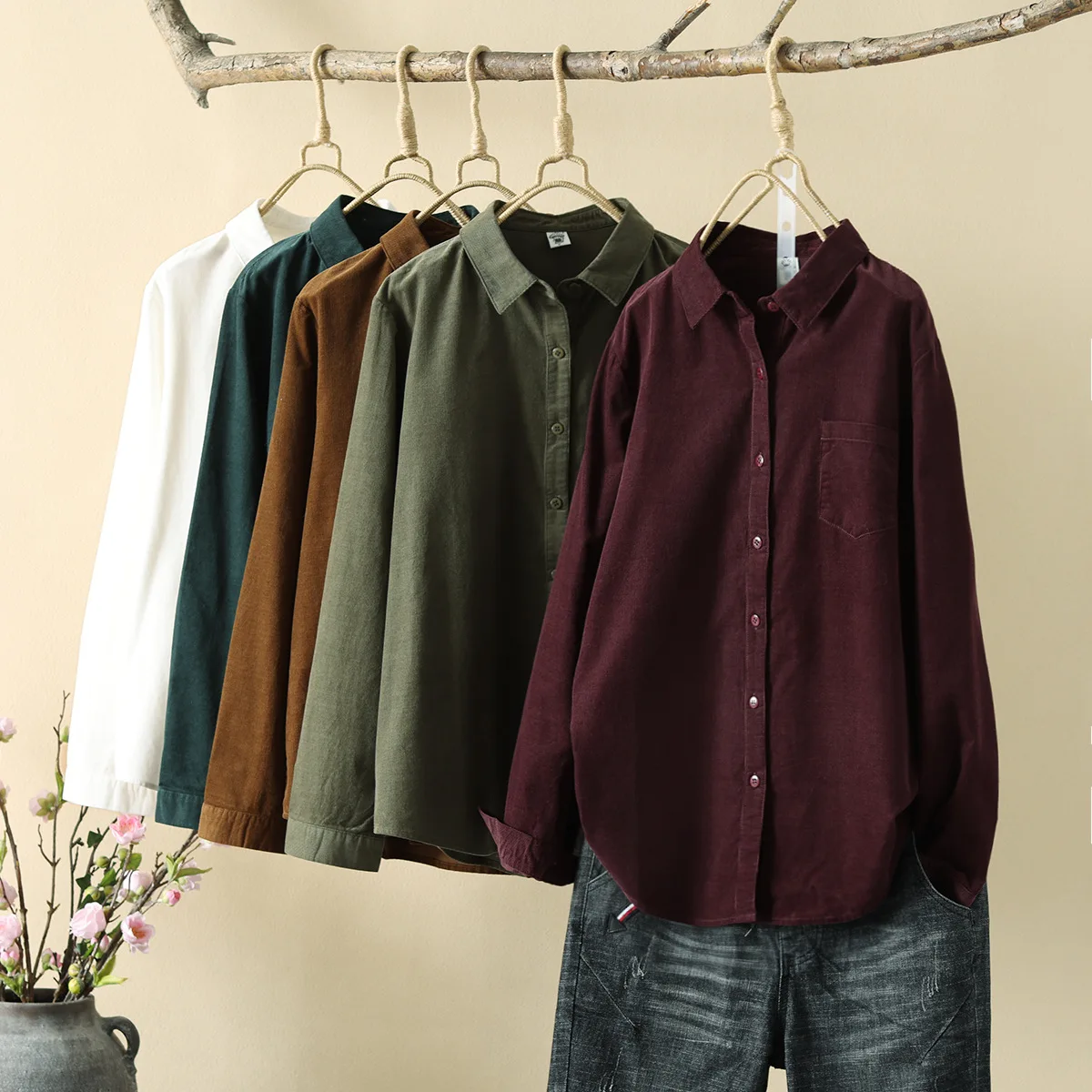 Vintage Corduroy Blouses Women 90s Oversized Japanese Style Casual Autumn Long Sleeve Shirts Cardigan Harajuku Fashion Tops