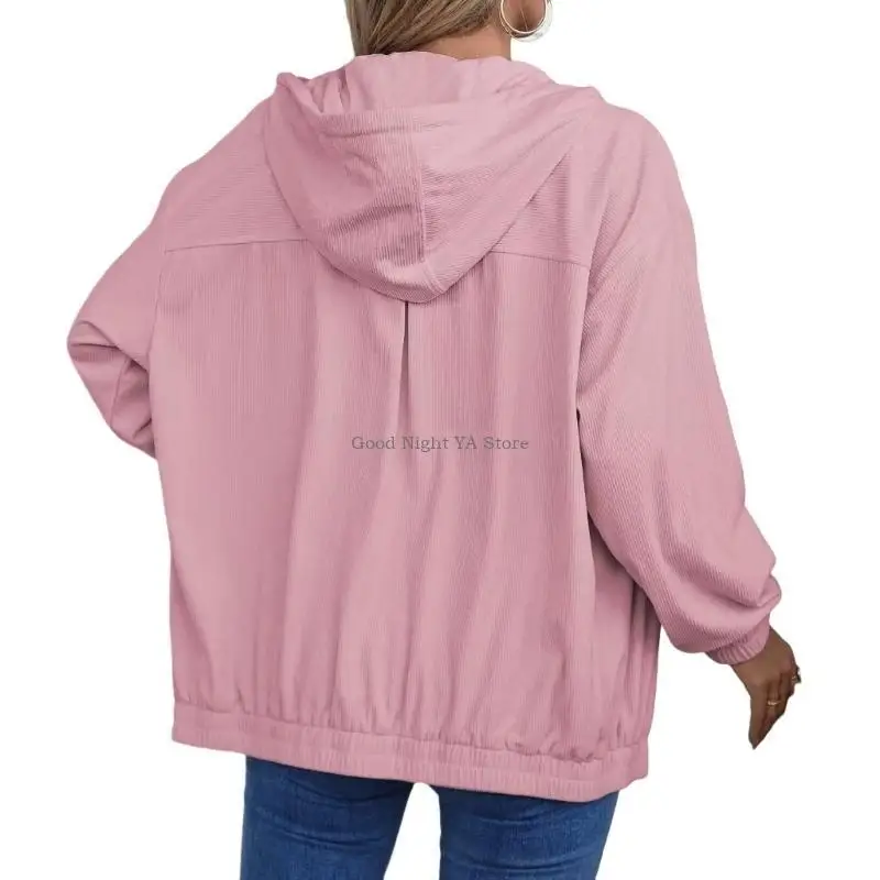 Women's Corduroy Drawstring Hooded Pocket Zip Up Loose Shacket Coat