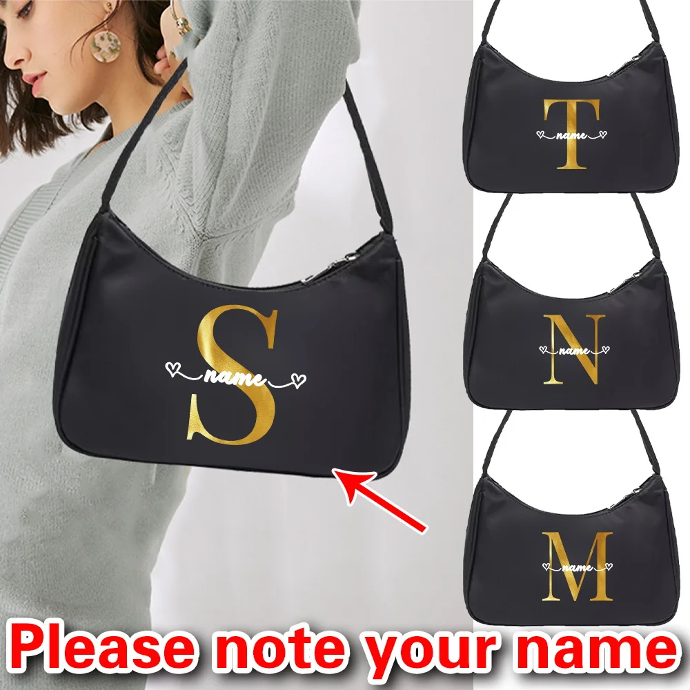 

Personalized Customized Handbag Armpit Bag Mobile Wallet Large Capacity Black Nylon Work and Commuting Bag Gold Letter Series