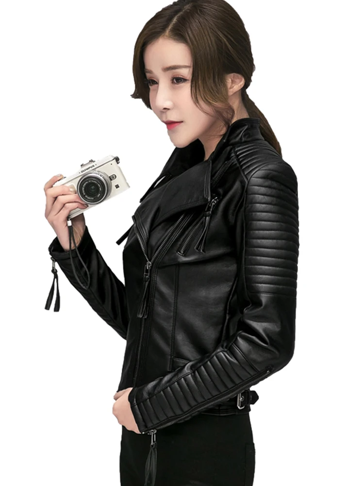 FTLZZ New Spring Autumn Women Faux Soft Leather Jackets Pu Black Blazer Zippers Coat Motorcycle Outerwear Biker Jacket