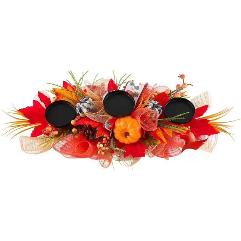 [NEW!A08R】 Fall Candle Holder Centerpiece For Table 3 Pillar Candle Base Pumpkin Maple Leaf Thanksgiving Decor