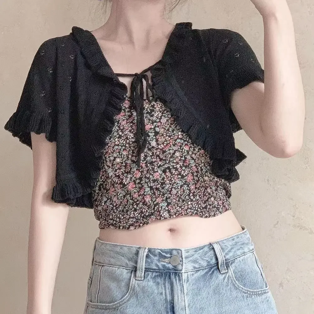 

Hollow Out Knitted Thin Sweater Chic Summer Sueter Mujer Cropped Cardigan Women Clothes Ruffles Bandage Pull Femme Short Sleeve