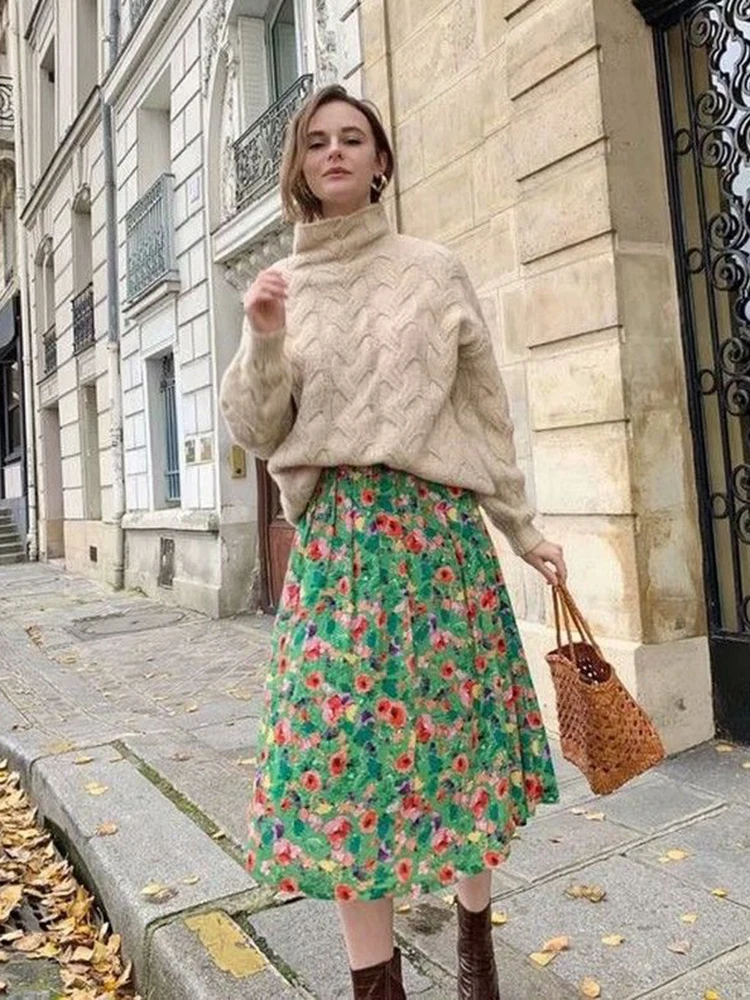 2023 Spring Vintage Green Long Skirt High Waist Print Skirt Holiday Pleated Skirt Split Elegant Bohemian Beach Floral Skirt