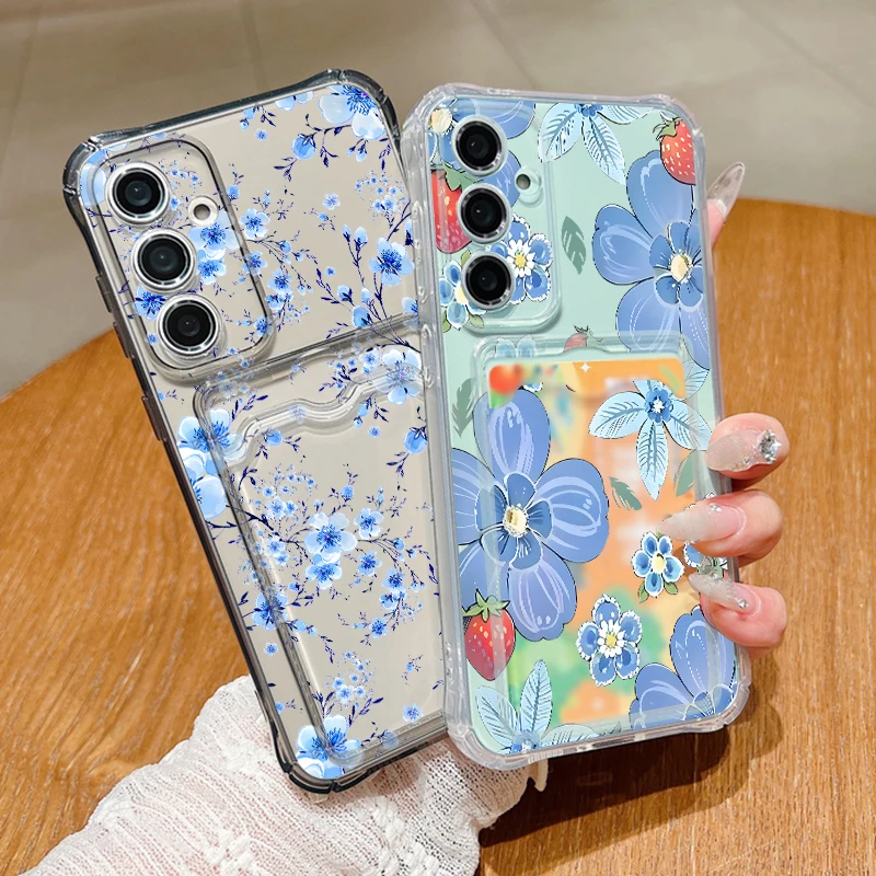 Blue Flowers Print Card Slot Case For Samsung A57 A37 A17 A56 A36 A16 A55 A35 A15 A54 5G S21 FE S22 S23 S24 S25 Plus S26 Ultra