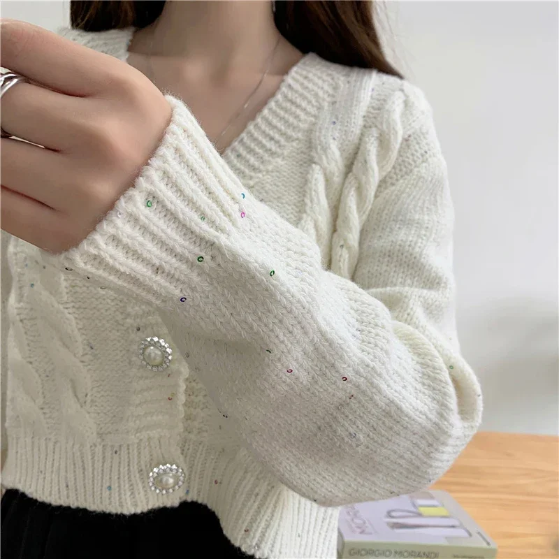 HELIAR Pearl Buttons Cardigan Women Sweet Long Sleeve Cropped Elegant Knitted Sweaters Coat Korean Long Sleeve White Cardigan