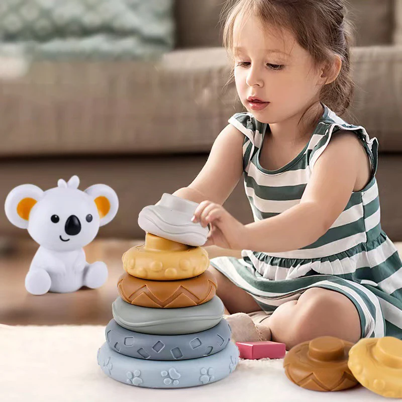 7 Buah Cincin Susun Mainan Lembut untuk Bayi Usia 6 + Bulan, Mainan Lingkaran Bertumpuk untuk Balita, Blok Bangunan Bayi Pendidikan Sensorik