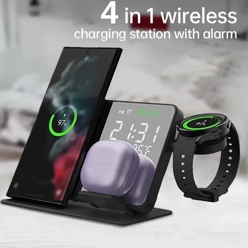4 in 1 Wireless Charger Alarm Clock Stand Fast Charging Station For iPhone 17 16 15 14 13 Watch Samsung S23 S22 Galaxy Airpods