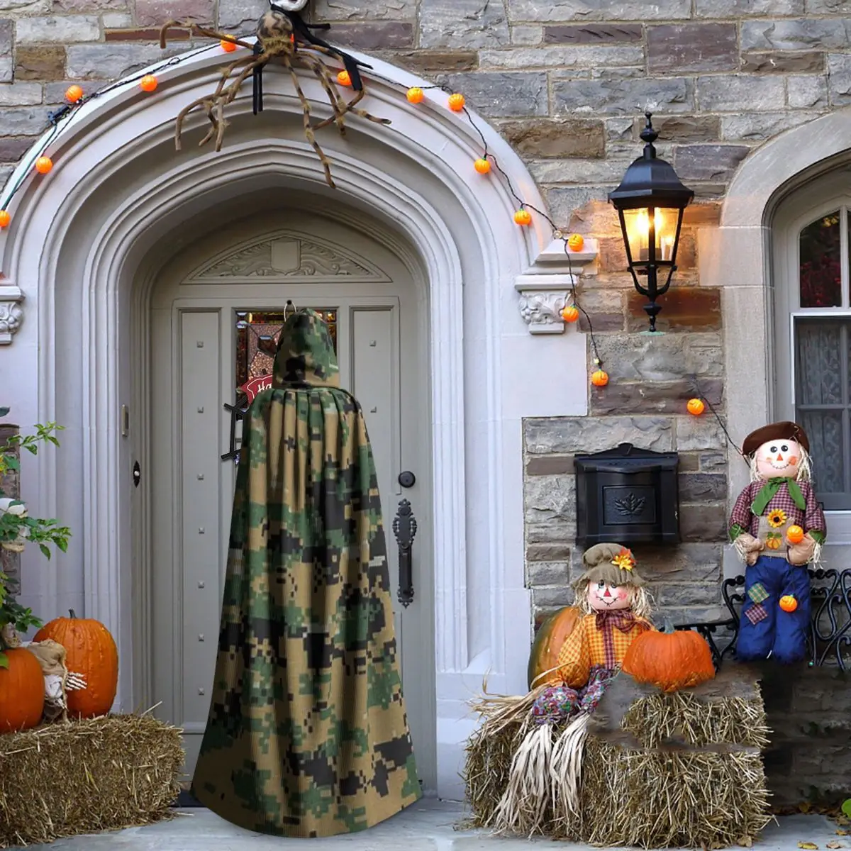 كامو التمويه العسكرية الغابات الجيش طويل مقنعين عباءة الساحرة القرون الوسطى زي تأثيري كيب هالوين مصاص دماء الكبار للجنسين