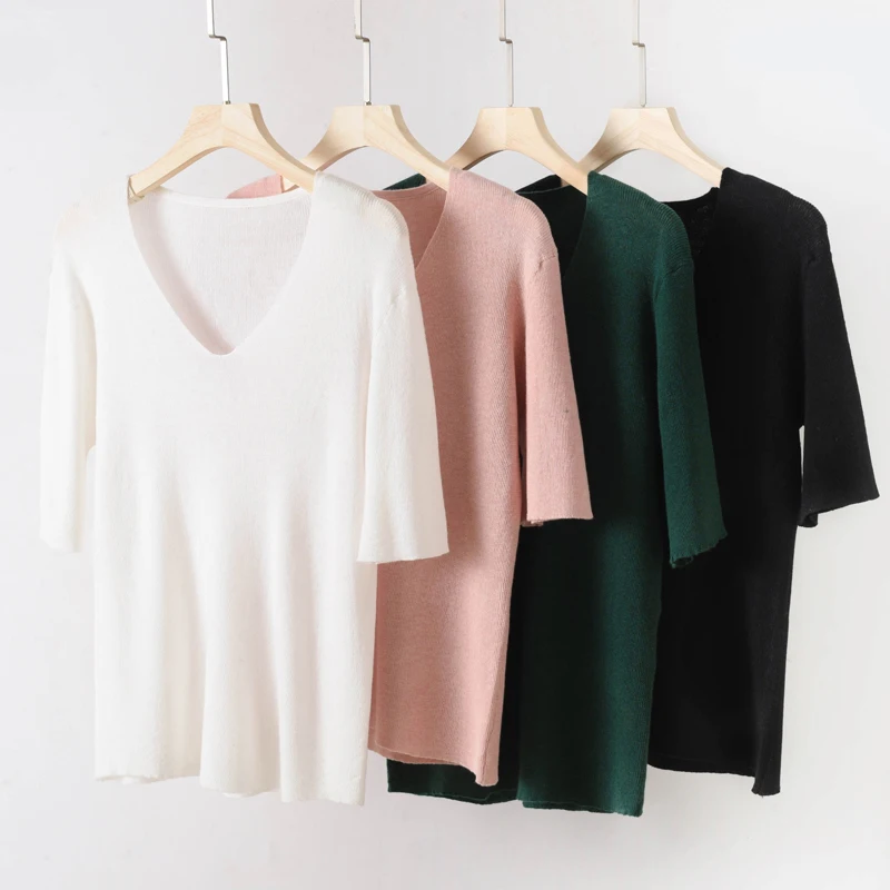 

Spring And Summer New Worsted Wool Short-Sleeved Female V-Neck Solid Color Knitted T-shirt Loose Bottoming Shirt Thin Coat