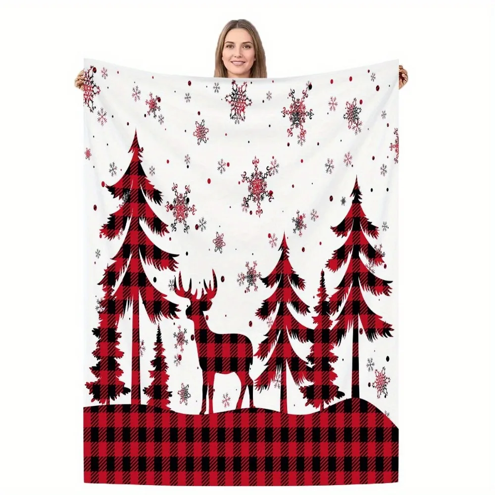 

1pc White Red Chirstmas Blanket Deer Pine Printed Smooth Flannel Blanket for Living Room Bedroom Decor New Year Christmas Gift