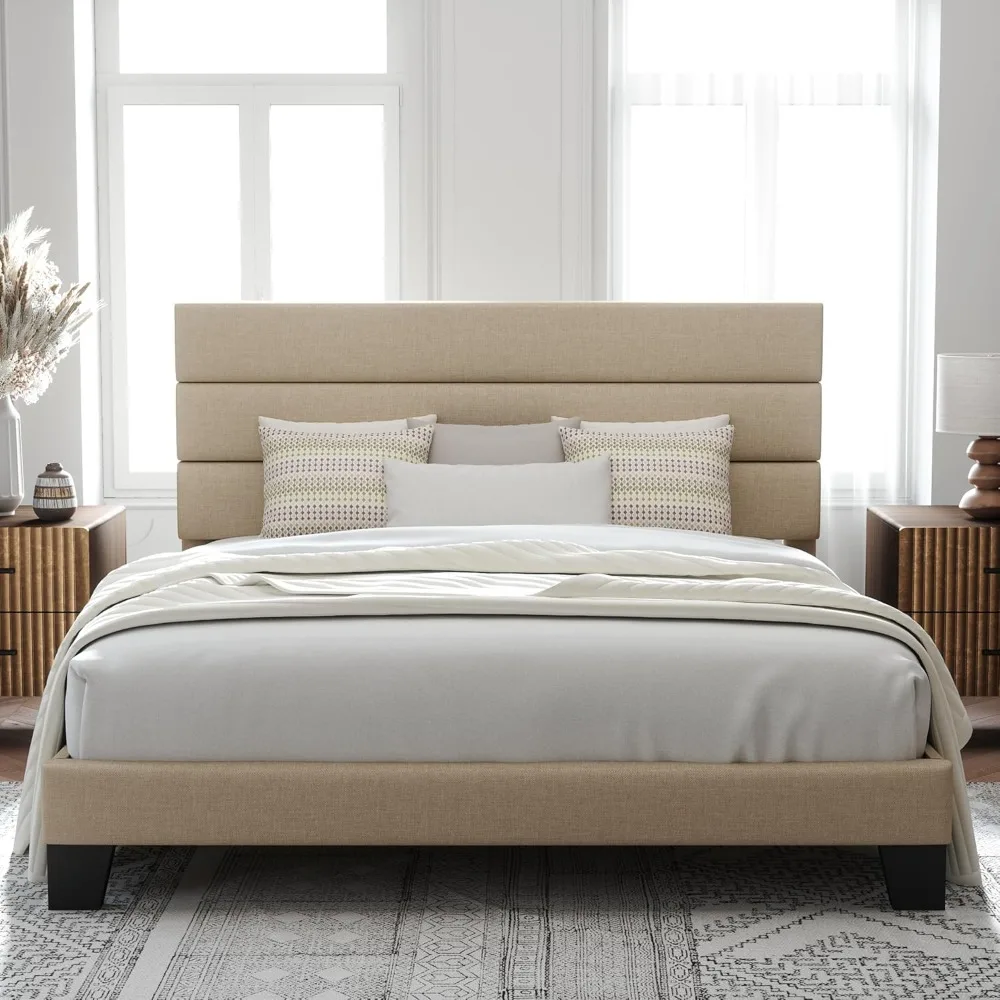 

Allewie King Size Platform Bed Frame with Fabric Upholstered Headboard and Wooden Slats Support, Fully Upholstered Mattress