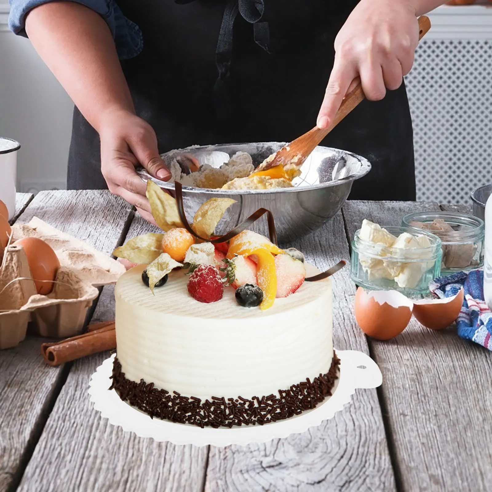 

s Cake Base Boards White Thickened Plastic Round Spacer Dessert Display Board Handle Reusable Party Serving Tray