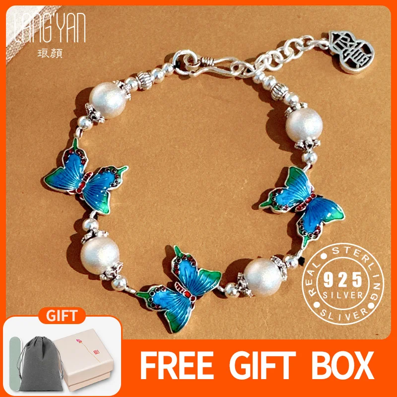 

Langyan 925, браслет-бабочка из чистого серебра, китайская синяя эмаль, регулируемые женские аксессуары, оригинальный дизайн SL204