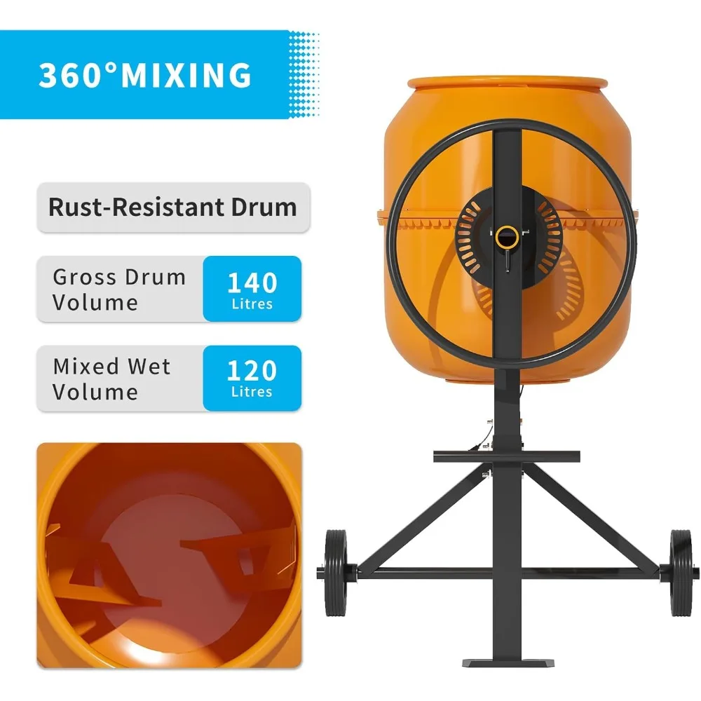 5.0 قدم مكعب. خلاط أسمنتي كهربائي 1/2 حصان آلة خلط الملاط الخرساني المحمولة مع عجلات للجص #6