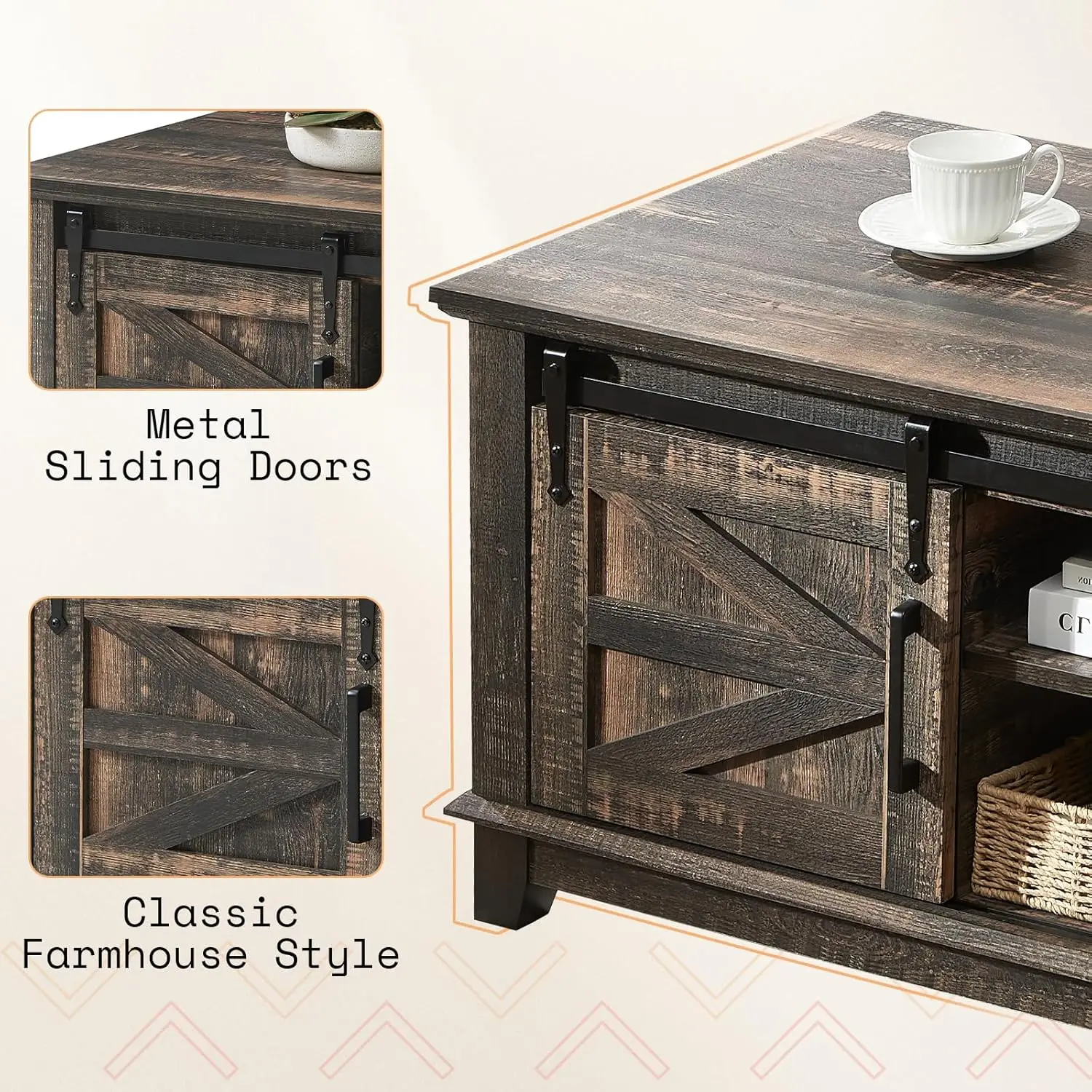 Mesa de centro de granja con puertas corredizas de granero y gabinete de almacenamiento para sala de estar, mesa central moderna de 48", estantes ajustables