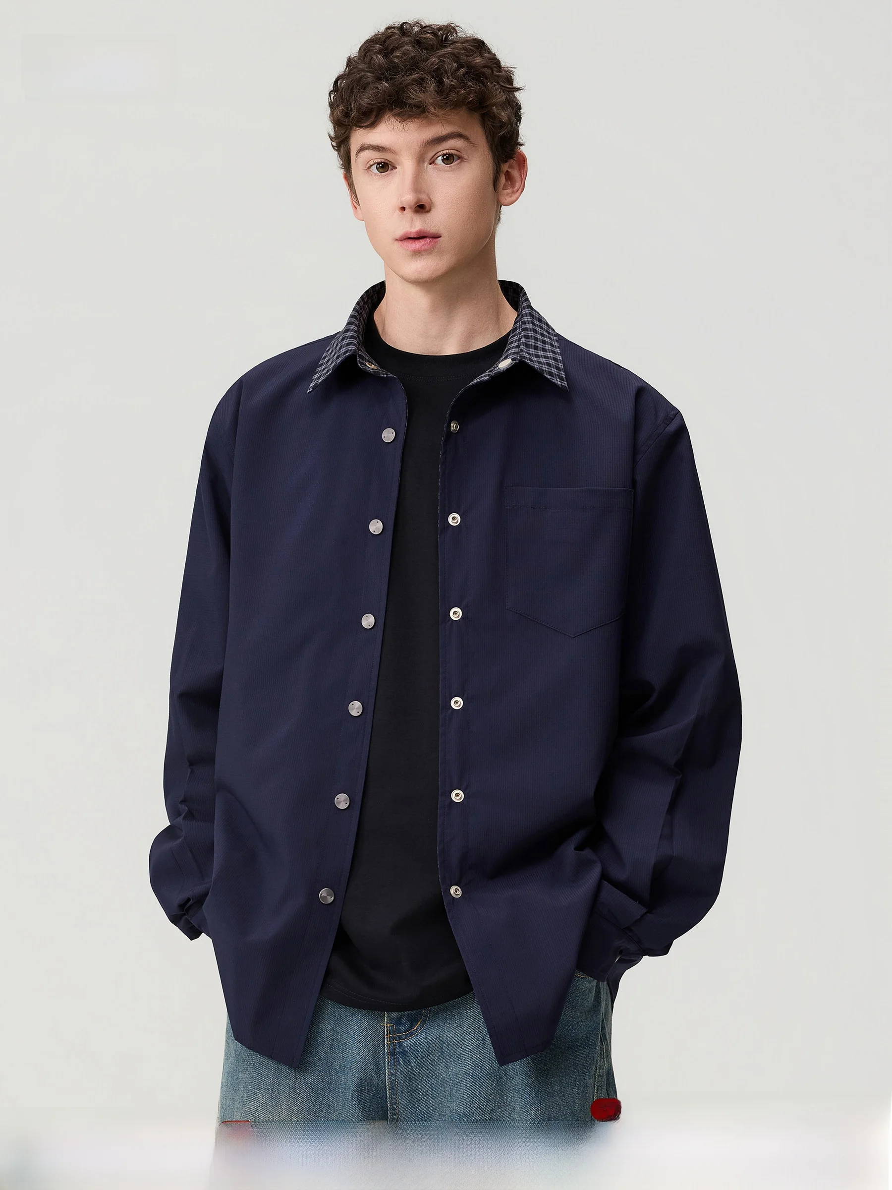 

DPX Spring Double-Sided Wear Long Sleeve Shirt Men's Loose Simple Match Plaid Casual Top Coat Men Breathable Polyester Fiber