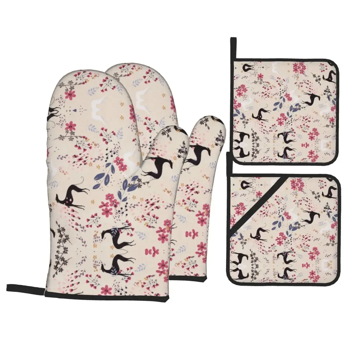 Greyhound Dog Oven Mitts and Pot Holders 4pcs Set for Baking Cooking Non Slip Heat Resistant Hound BBQ Kitchen Gloves Potholders