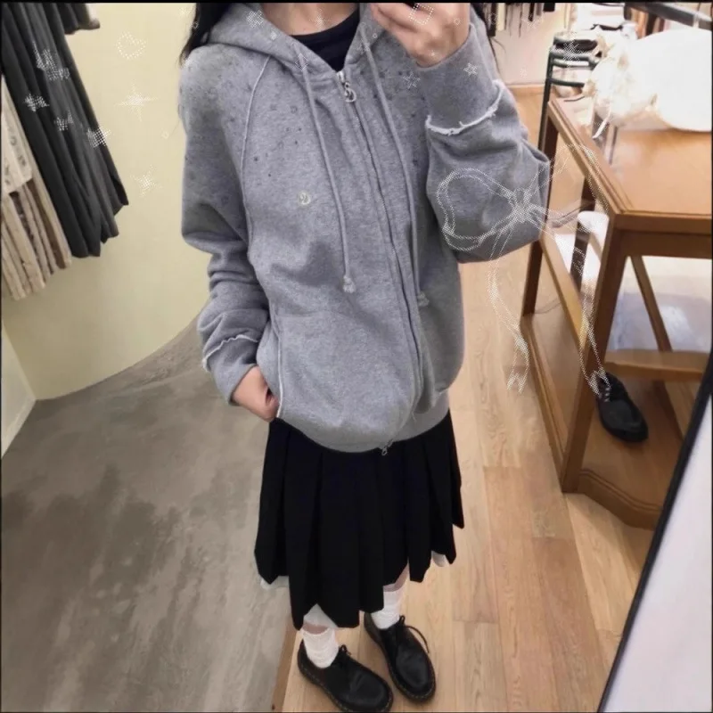 سترة نسائية بغطاء للرأس مبطنة بالصوف وطباعة نجوم وربطة عنق وسترة شتوية وخريفية سميكة ودافئة وأكمام طويلة وسحاب أمامي #5