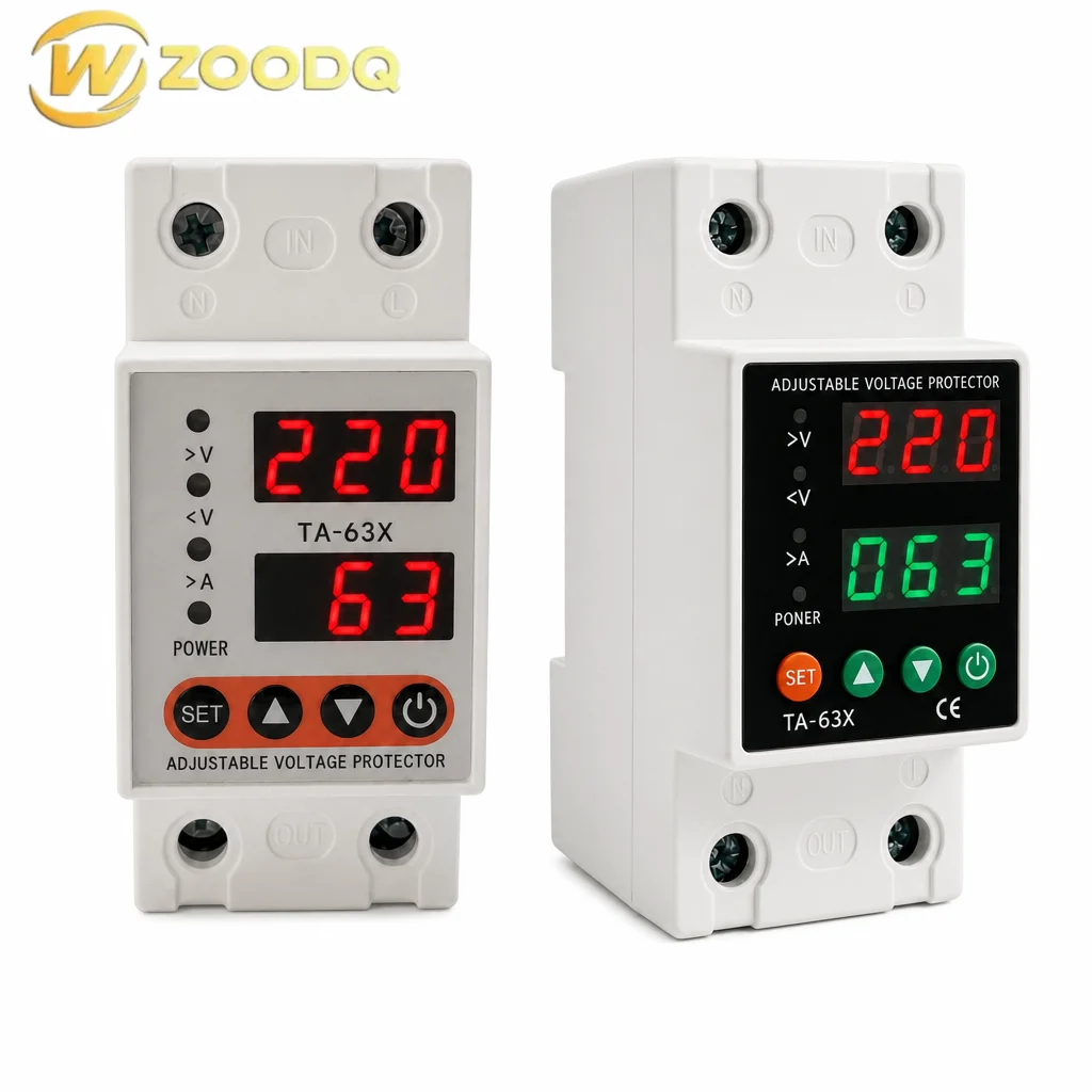Safe Single Phase 2P 63A 220V Adjustable Digital Dual Display Over/Under Voltage Overcurrent Protector with PC Shell Din Rail