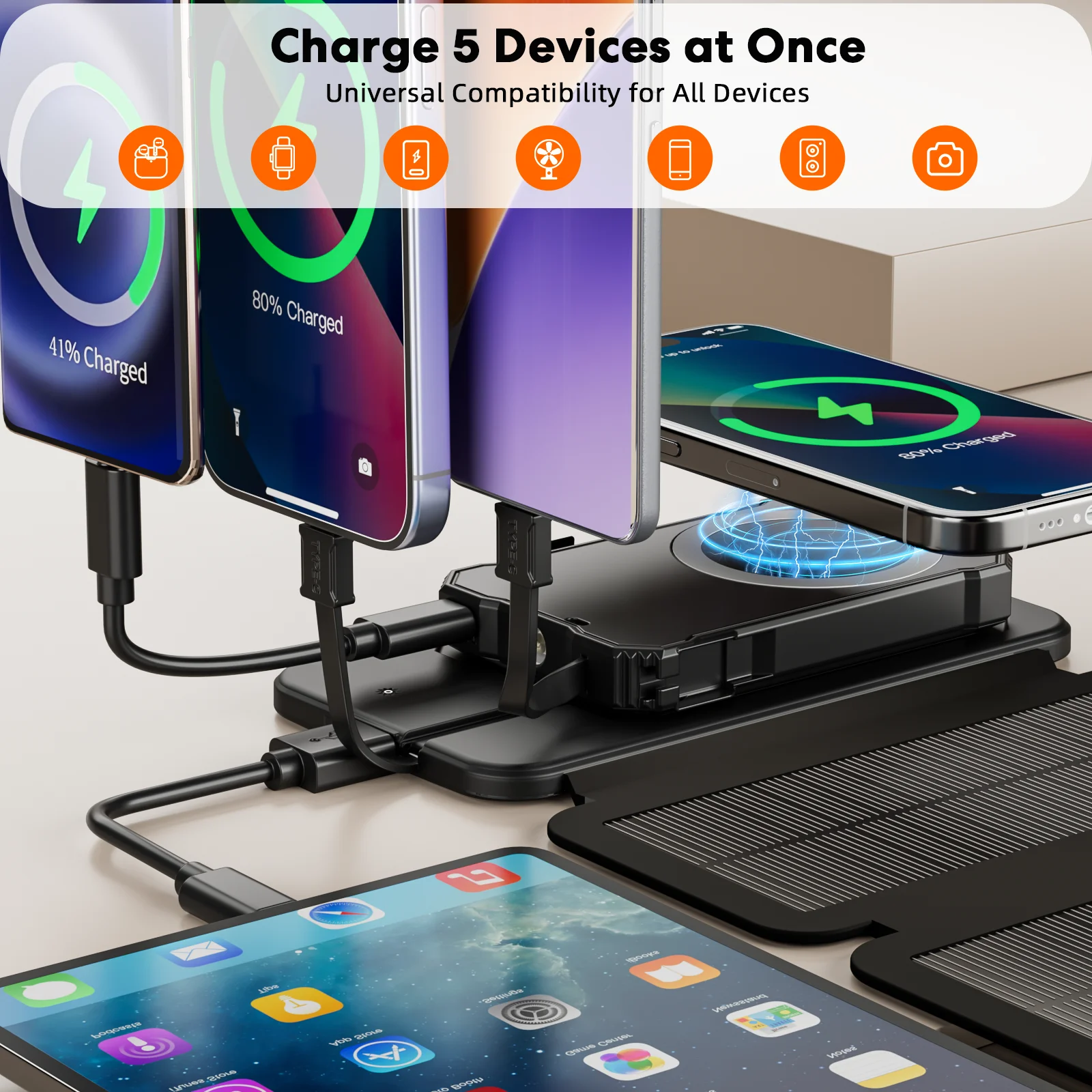 بنك طاقة شمسية لاسلكي مغناطيسي 15 وات بقدرة 5000 مللي أمبير في الساعة/لوحة رباعية قابلة للفصل، 3x Type-C + USB شحن سريع 14 وات مناسب للتخييم في الهواء الطلق