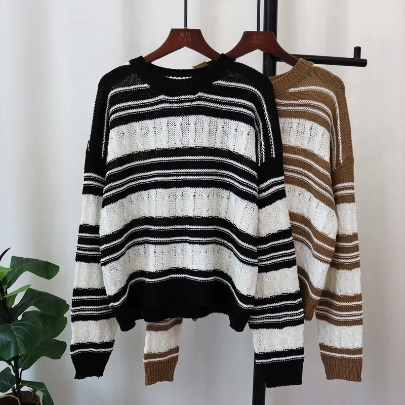 

2024 Women Striped Sweater Cardigan Kintted Loose Black Spring Autumn Vintage Winter Streetwear Y2k Jumper Coat Cardigans