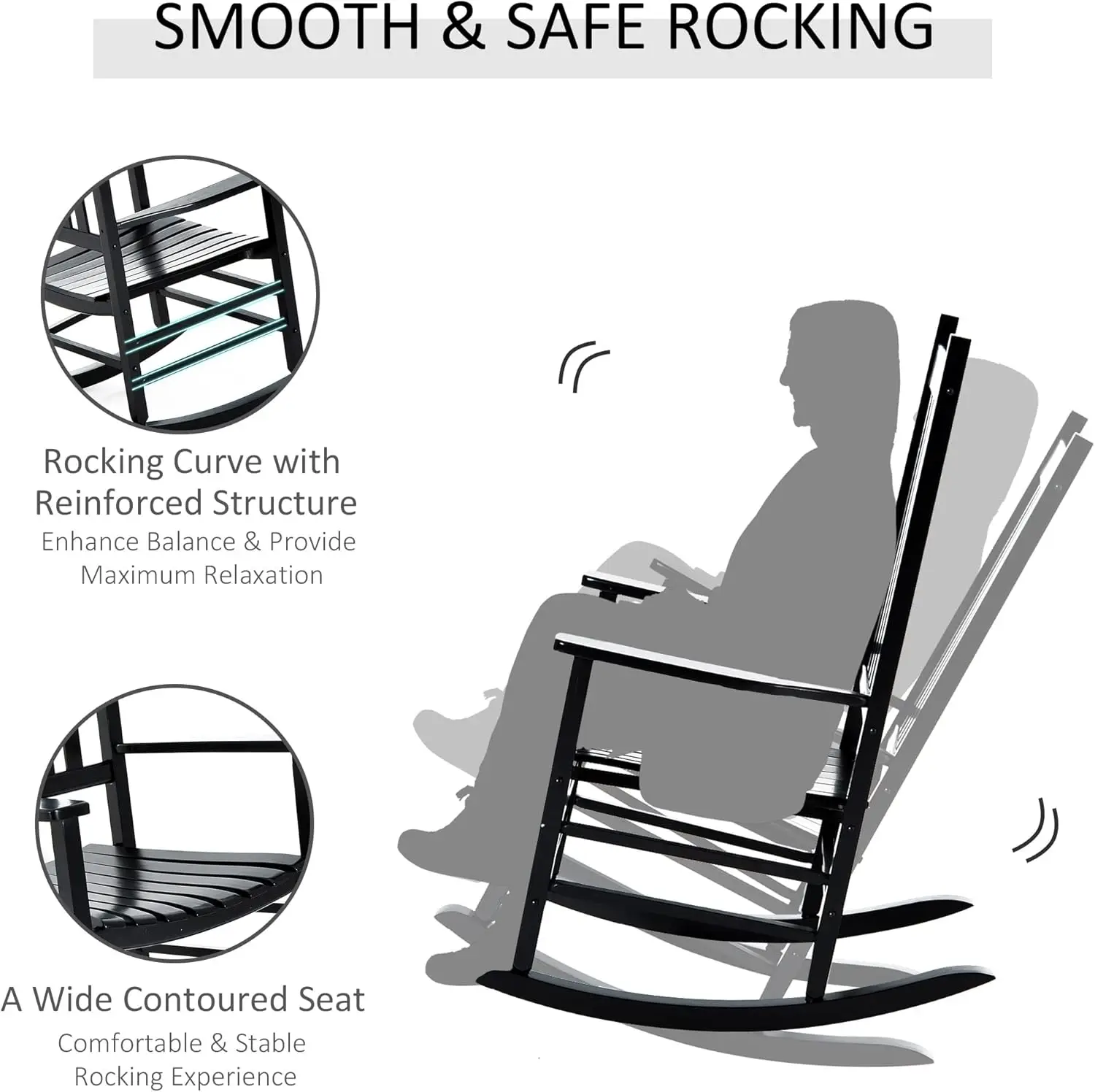 Outdoor Rocking Chair, Patio Wooden Rocking Chair with Smooth Armrests,High Back for Garden, Balcony, Porch