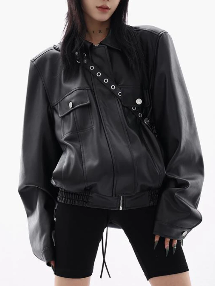 Korean Outwear Black Leather Jacket Women Streetwear Zipper Moto Biker Leather Jacket Casual High Street Fashion Trend Faux Coat