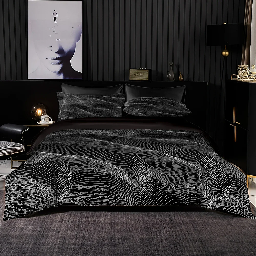 Simply Nordic Bedding Set 2/3Pcs,High Quality Duvet Cover with Pillowcase,Winding White Lines Pattern for Queen King Full Size