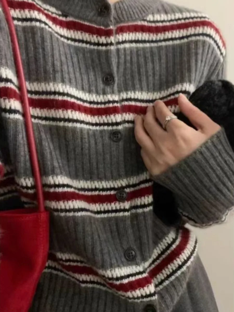 

Корейский повседневный свитер в полоску в стиле ретро, пальто, женская круглая утягивающая верхняя одежда, весна-осень, длинный све