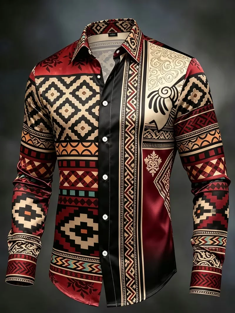 New men's contrasting color spliced floral long sleeved shirt with a hanging collar and slim fit men's top