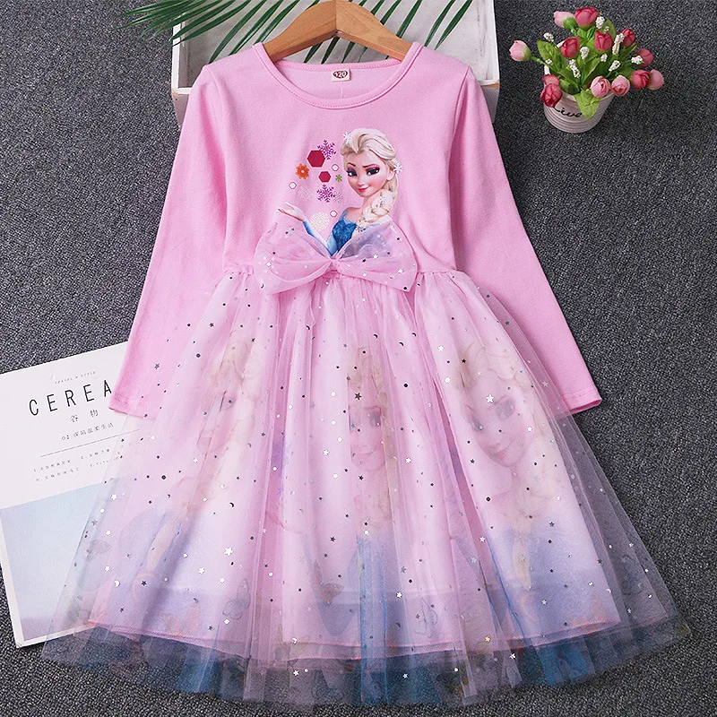 New Spring Autumn Dress Long-sleeved For Children\'s Clothes Elsa Frozen Party Dress 2-8Y Elsa Princess Dress Baby Girls Dress