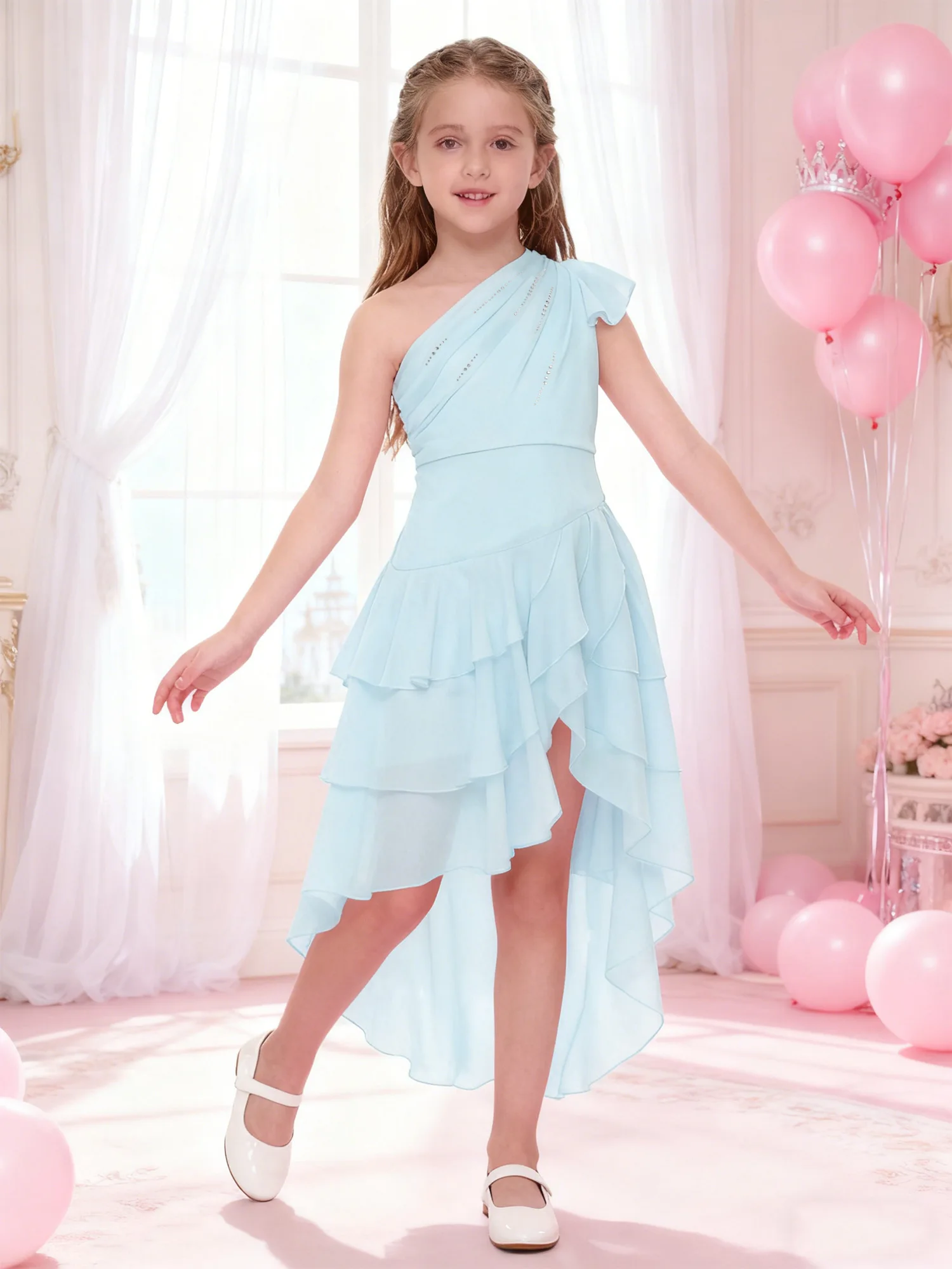 الفتيات الباليه أزياء الرقص الغنائي الاطفال فستان حفلة للأميرات الأطفال الشيفون كتف واحد فساتين احتفالية فستان حفلات المسابقة #6