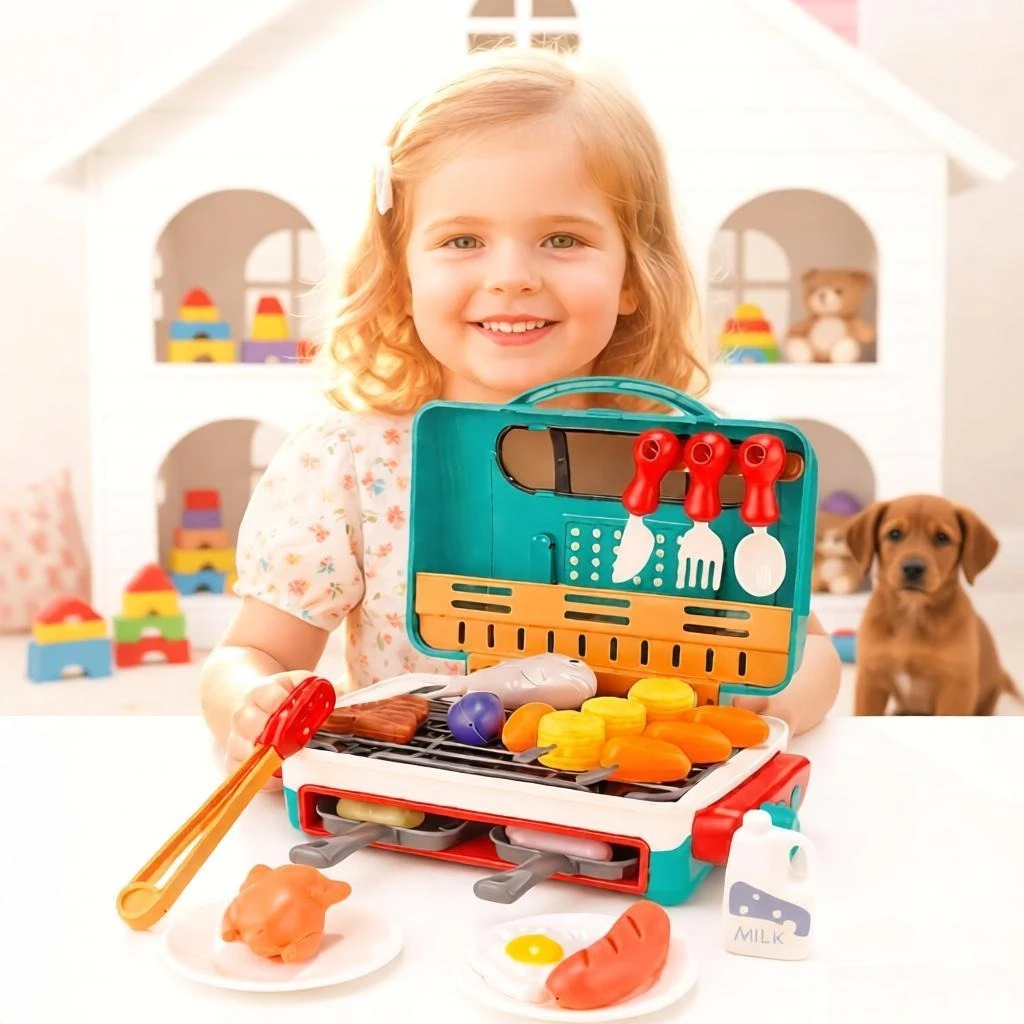 Spray BBQ Set with Color-Changing Food Simulated Grill Toy with Sound & Light, Pretend Play Kitchen Cooking Toy for Kids Gifts