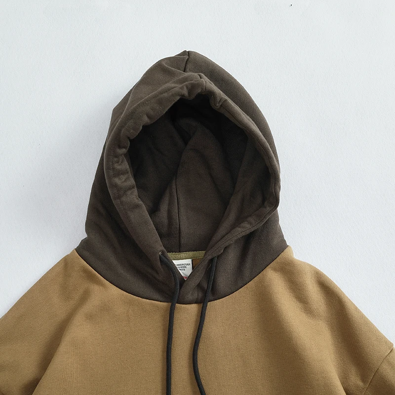 Autumn Winter Contrasting Color Splicing Hooded Sweatshirt Hem Drawstring Adjustment Pullover Light Fleece Jacket for Men