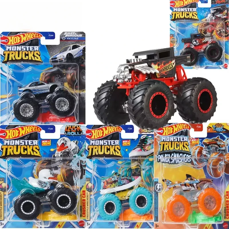 original-rodas-quentes-carro-monster-truck-1-64-diecast-menino-brinquedo-rapido-furioso-nissan-gtr-osso-shaker-piran-duckn'-roll-presente-de-aniversario
