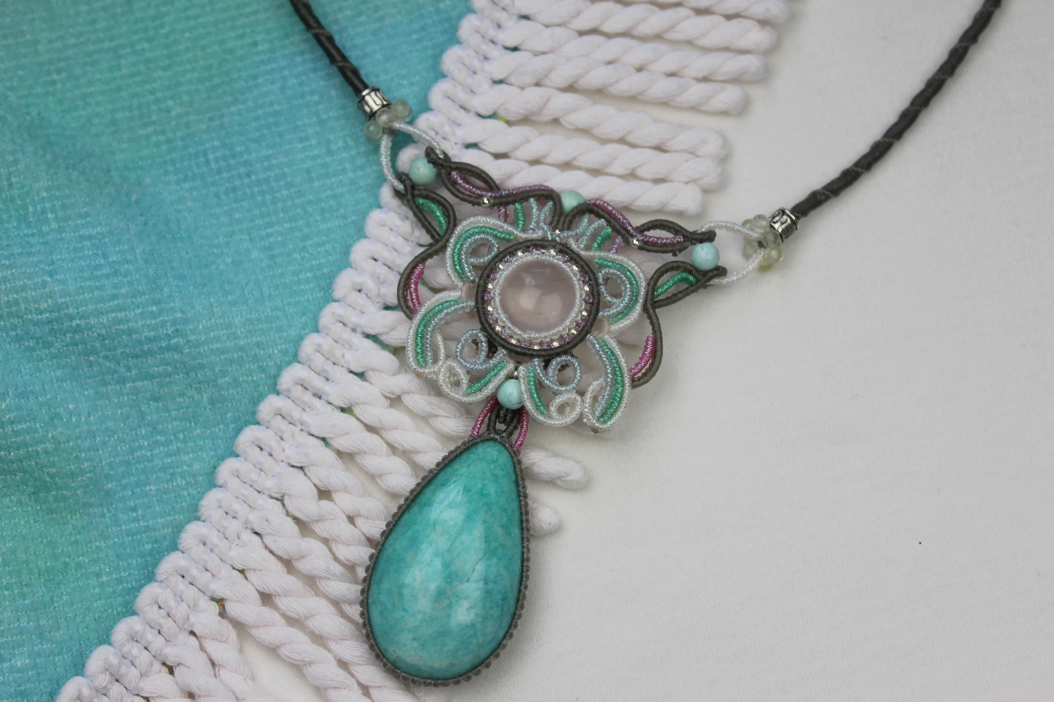 

Macrame Handmade Wax Polyster Thread Woven Amazonite Natural Stone Necklace wih powder crystal Exclusive Custom Design WomenGift