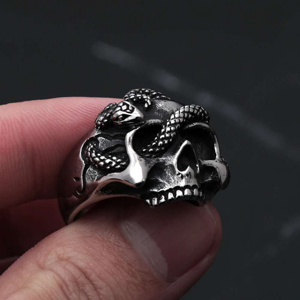 Punk Hip Hop Unique Silver Color Skull Rings For Men Stainless Steel Snake Ring Vintage Gothic Fashion Jewelry Gift Dropshipping