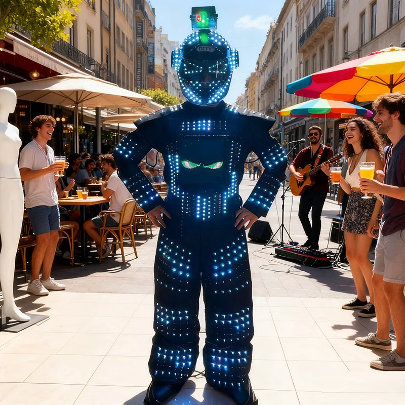 بدلة روبوت LED كاملة الألوان يتم التحكم فيها من التطبيق، زي مضيئة لحفلات الهالوين وحفلات الهذيان وأداء المسرح DJ للرقص والكوسبلاي