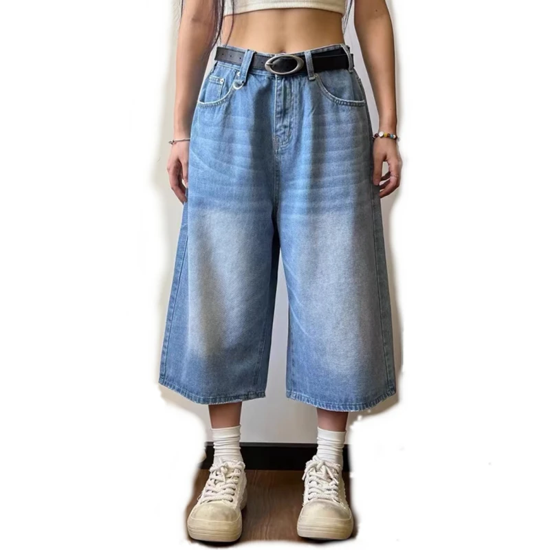 Women\'s Retro Large Size Denim Shorts Unisex Style Wide Leg Capris Vintage Street Summer Female High Waist Loose Short Jeans 5XL