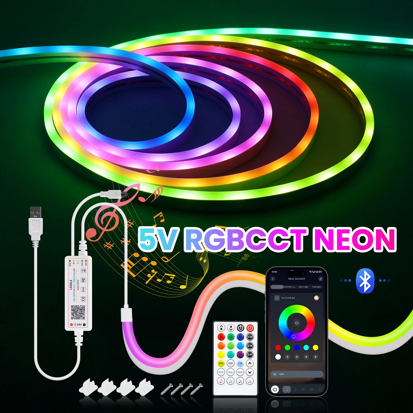 

5V USB RGBIC Neon LED Strip Waterproof RGBCCT LED Strip Neon Light with Music Sync Bluetooth App and Remote Chasing Strip Tape
