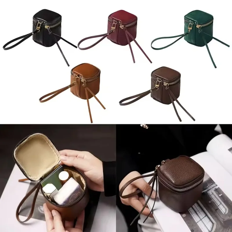 

Mini Vintage Leather Storage Bag, Women Cute Cosmetic Pouch, Lipstick Key Data Line Earphone Organizer, Portable Hanging Wallet