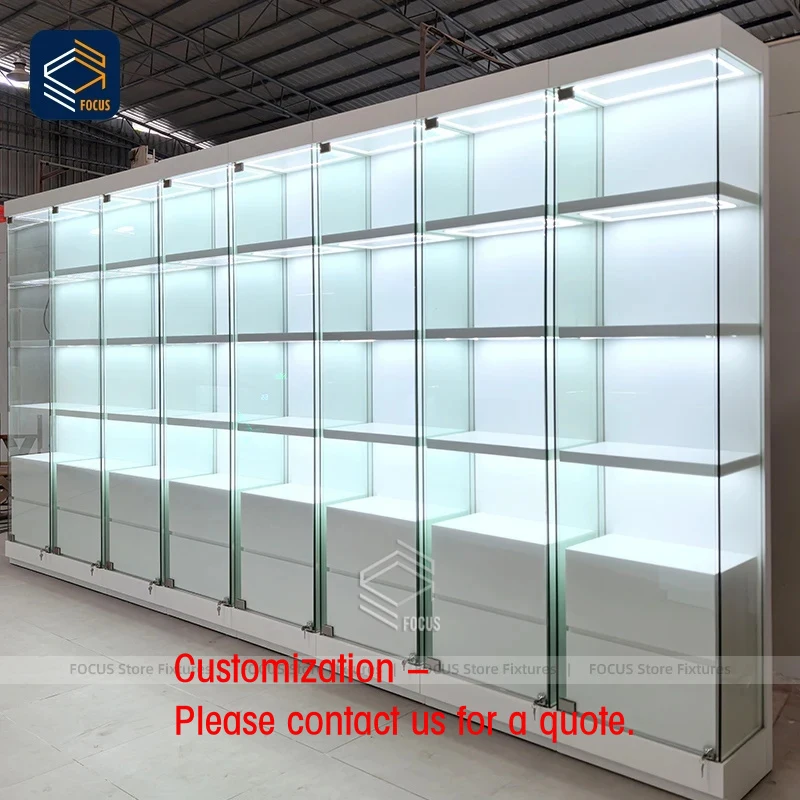 custom.Custom Retail Fixtures White Glass Display Showcase LED Lighting Full Retail Display Cabinet