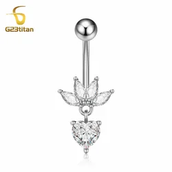 G23titan Silver Color Lotus Flower Heart Shape Pendant Belly Ring 14G Medical Titanium Curved Barbell Navel Piercing Jewelry