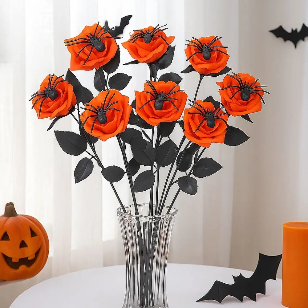 

38cm Halloween Artificial Rose Gothic Simulation Spider Rose Bouquet Realistic Handmade Fake Flower Halloween Party Props